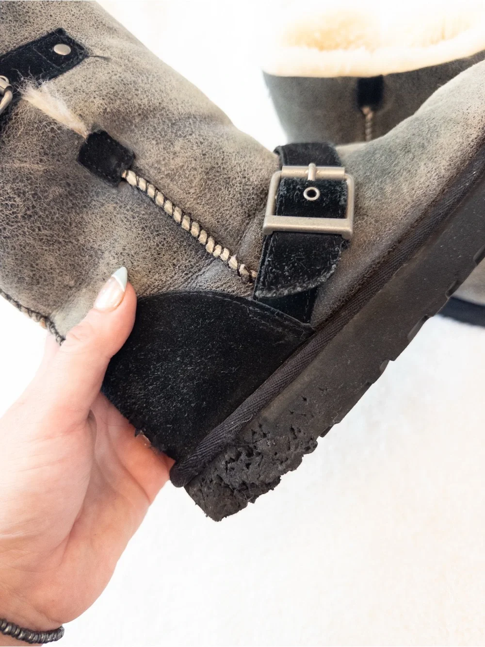 UGG Grey/Black Buckle Boots – Size 8, Gently Used 🐾